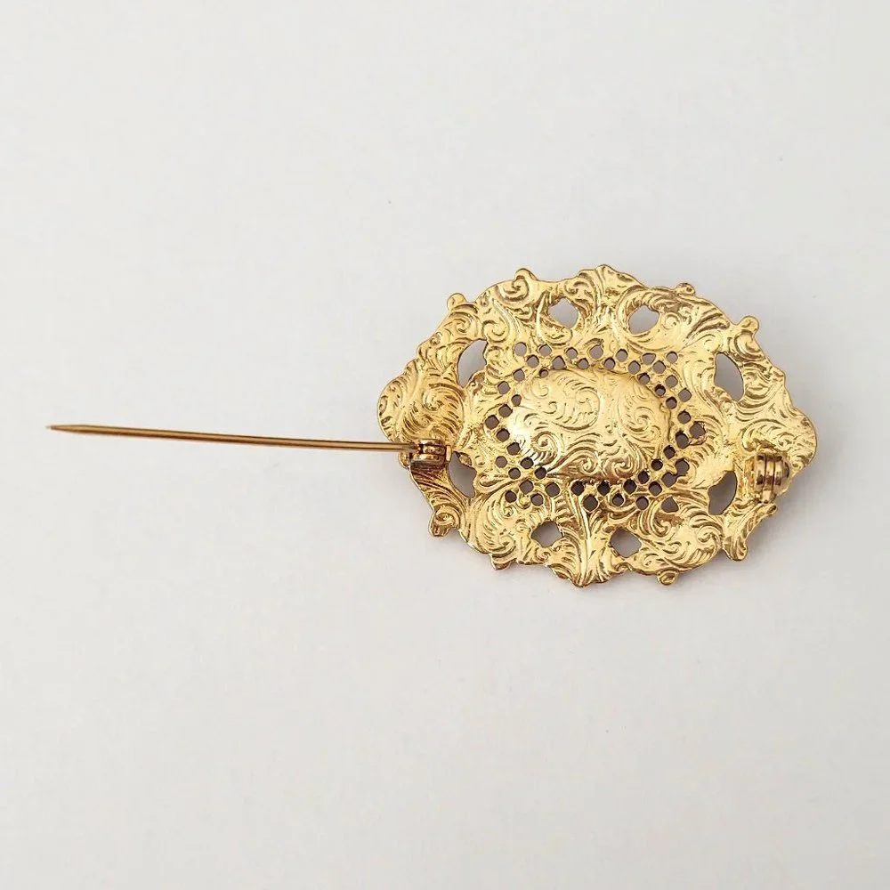 Vintage gold, black and faux pearl brooch